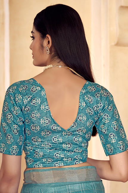 Checkered, Color Block Bollywood Chanderi, Cotton Silk Saree (Blue)