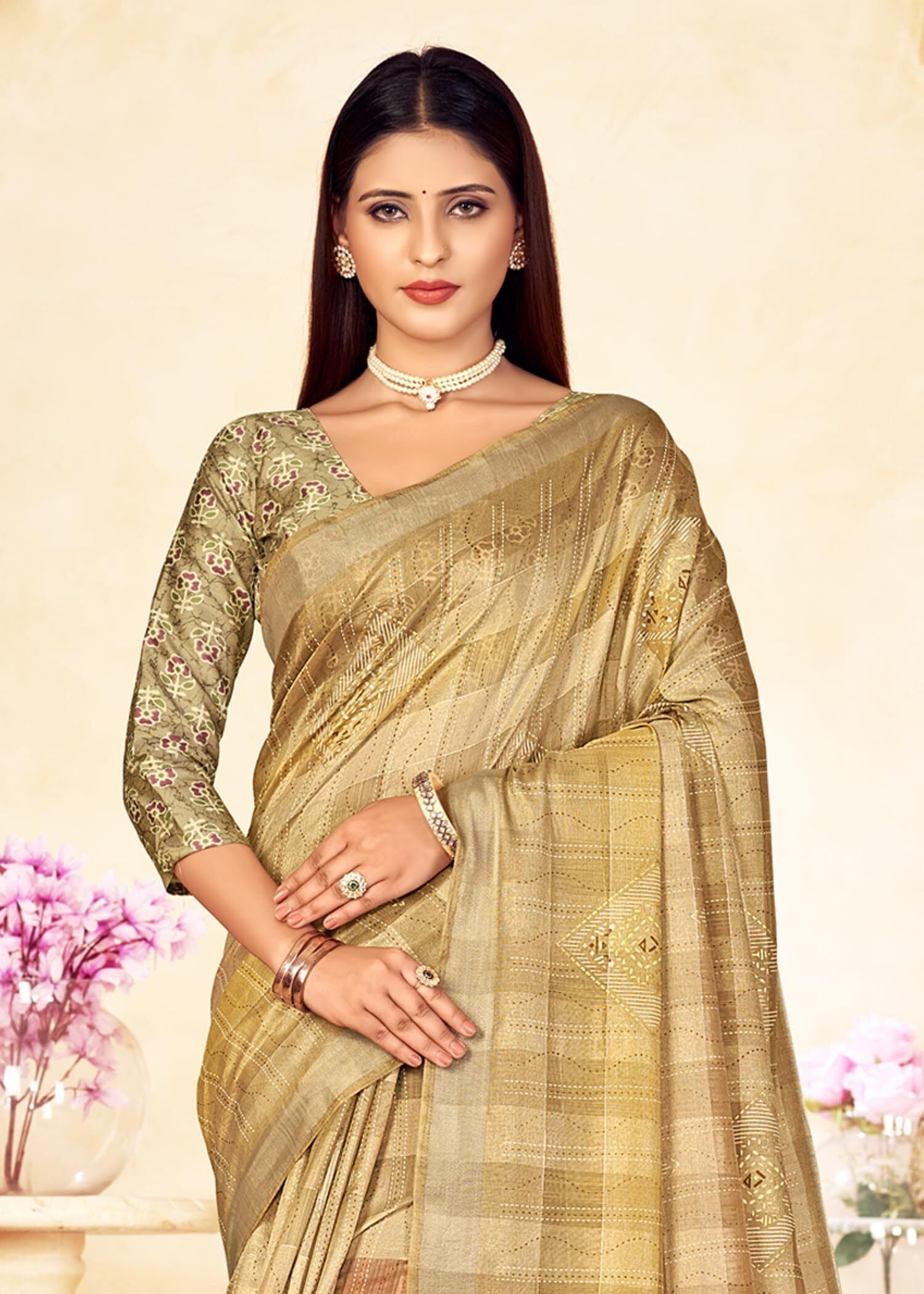 Checkered Bollywood Chanderi Cotton Silk Saree (Golden Beige)
