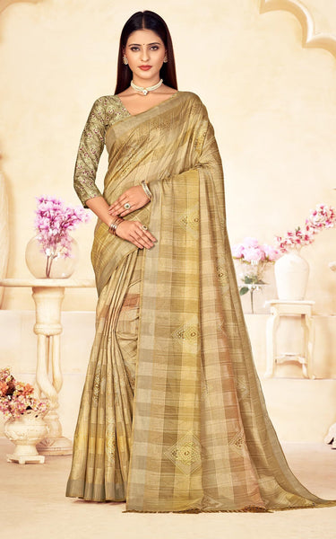 Checkered Bollywood Chanderi Cotton Silk Saree (Golden Beige)