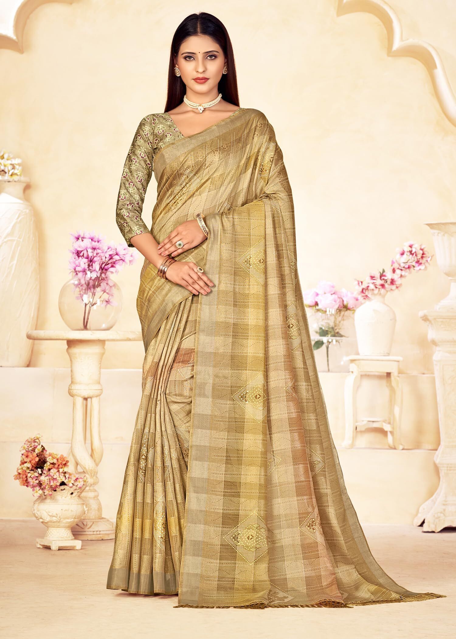 Checkered Bollywood Chanderi Cotton Silk Saree (Golden Beige)