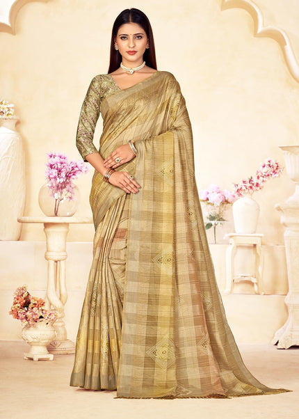 Checkered Bollywood Chanderi Cotton Silk Saree (Golden Beige)