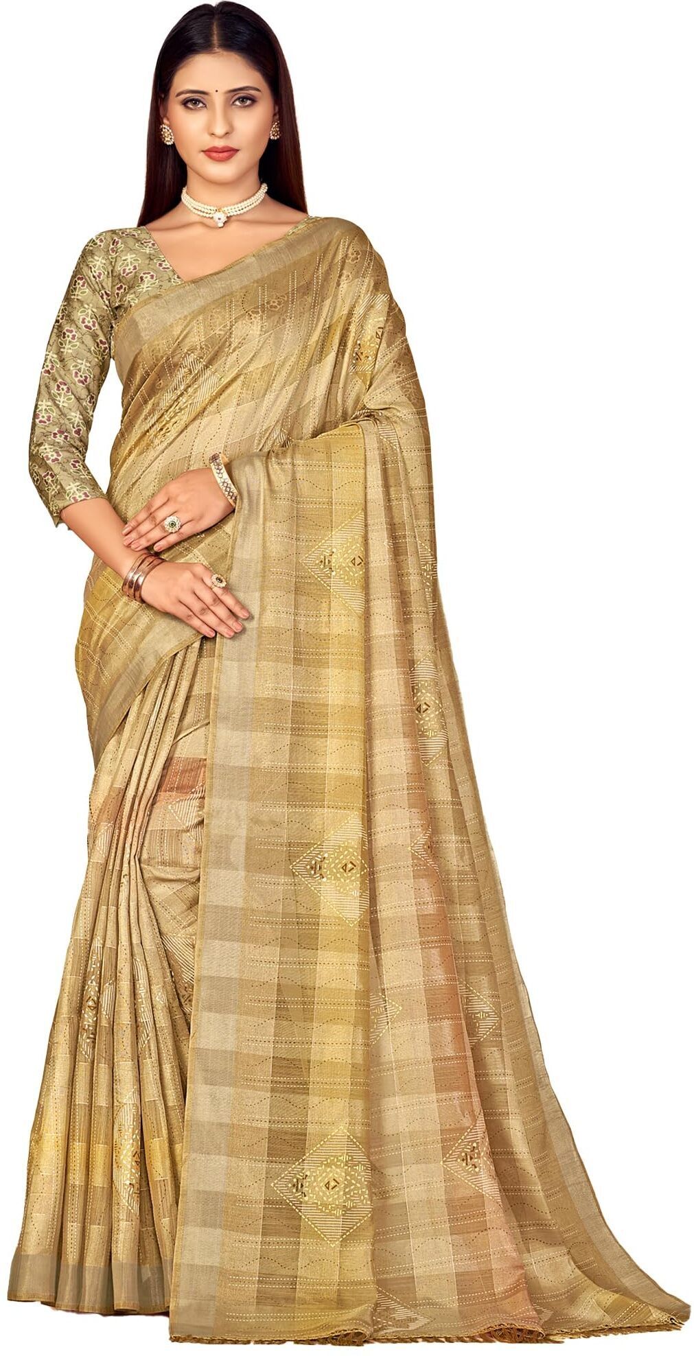 Checkered Bollywood Chanderi Cotton Silk Saree (Golden Beige)