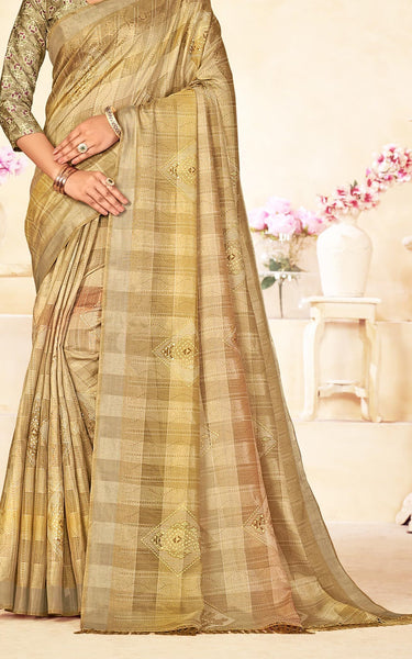 Checkered Bollywood Chanderi Cotton Silk Saree (Golden Beige)