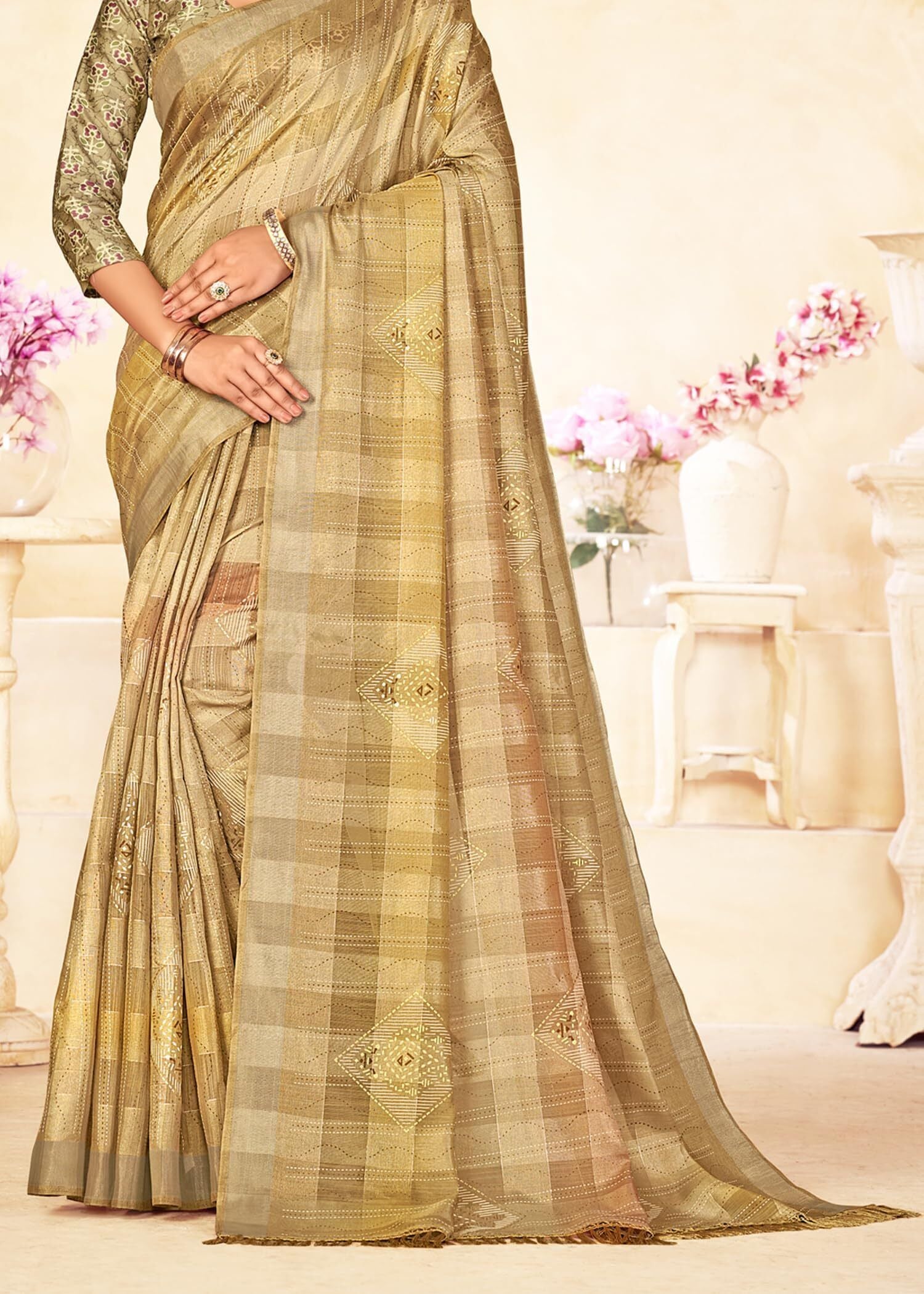 Checkered Bollywood Chanderi Cotton Silk Saree (Golden Beige)