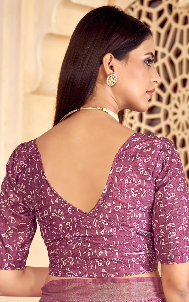 Checkered, Color Block Bollywood Chanderi, Cotton Silk Saree (Purple)