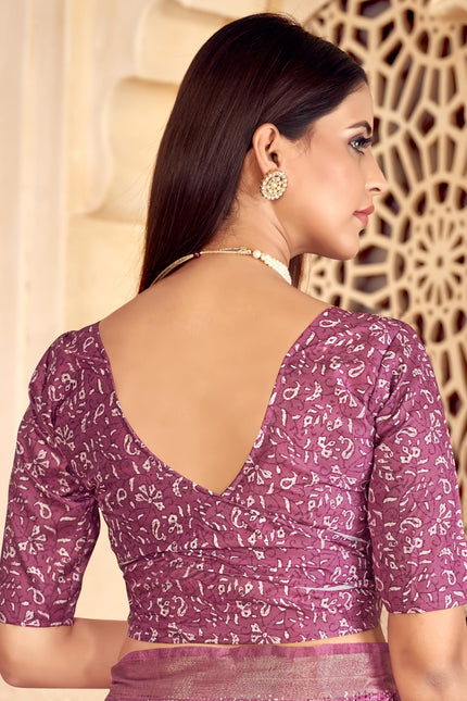 Checkered, Color Block Bollywood Chanderi, Cotton Silk Saree (Purple)