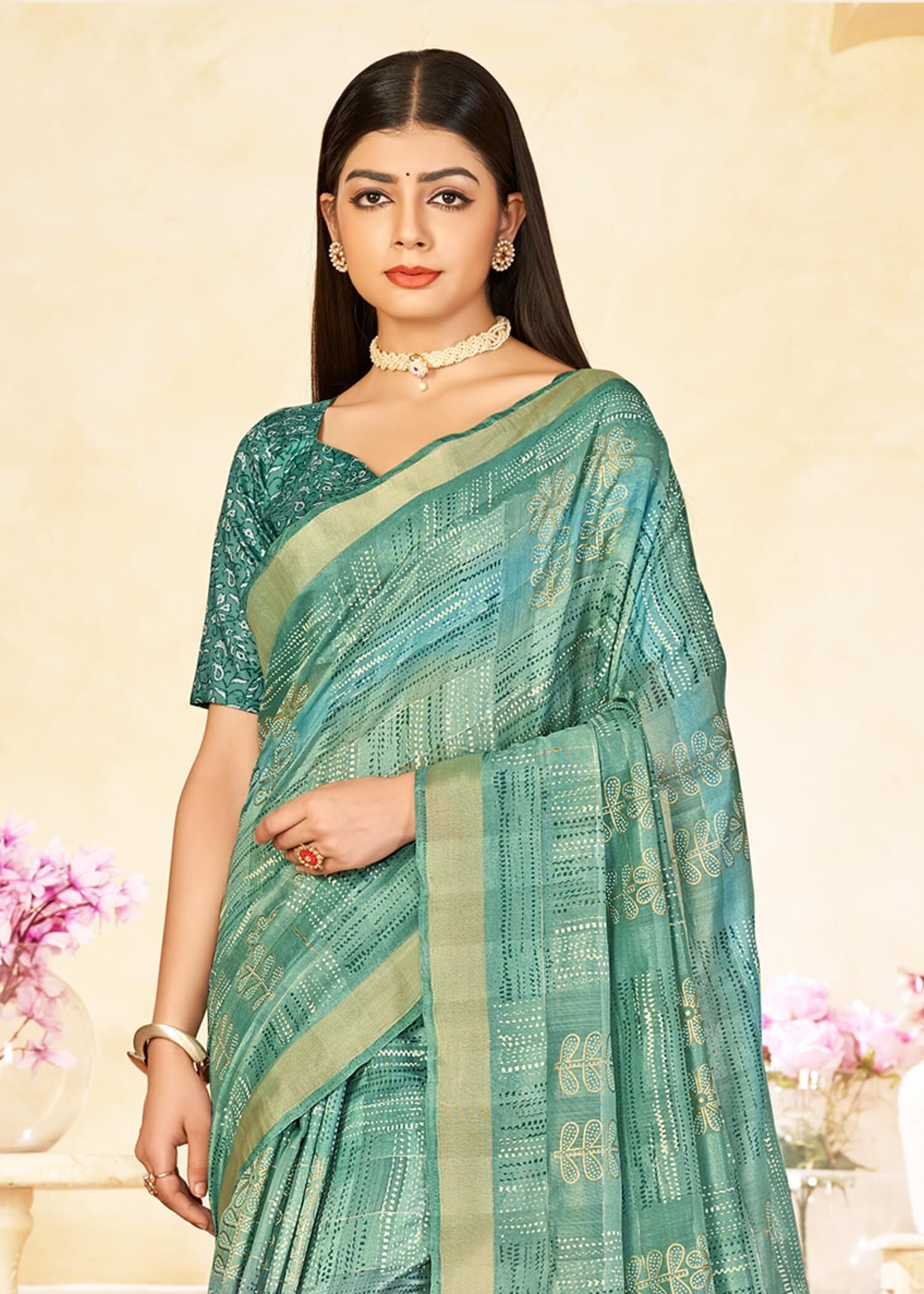 Shaded Saree with Zari Border and Soft Cotton (Green)