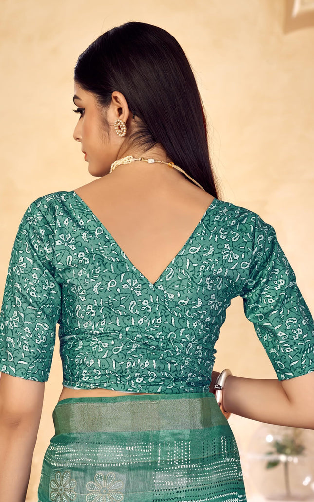 Checkered, Color Block Bollywood Chanderi, Cotton Silk Saree (Green)