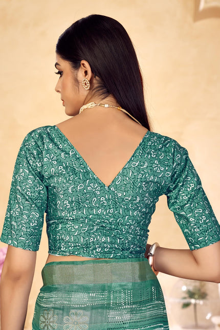 Checkered, Color Block Bollywood Chanderi, Cotton Silk Saree (Green)