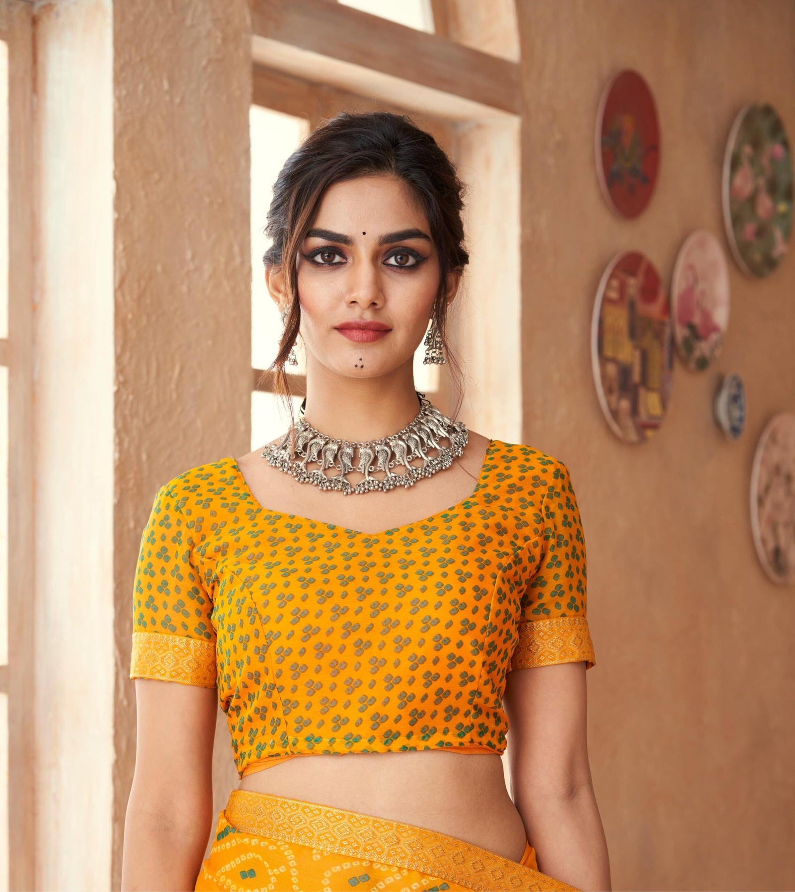 Bandhani Print Chiffon Georgette Saree with Attached Border (Yellow)