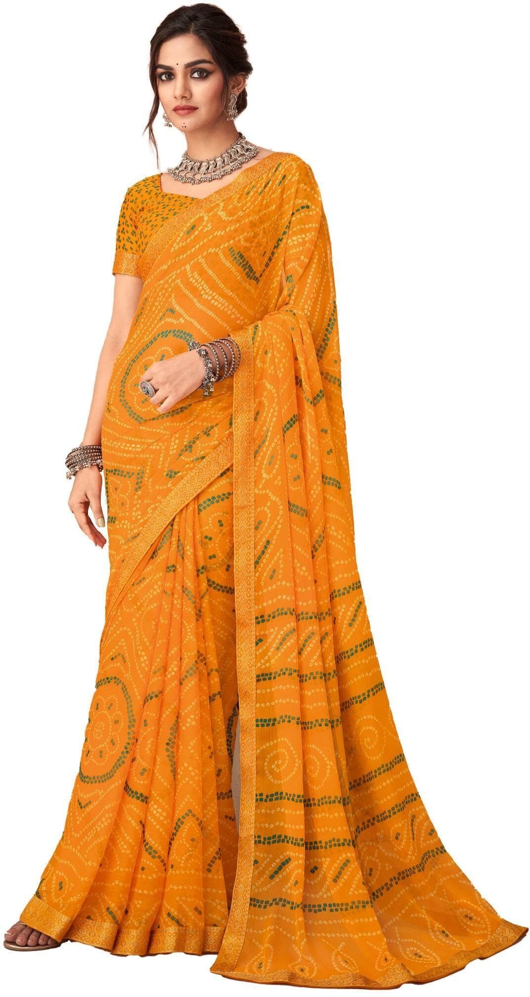 Bandhani Print Chiffon Georgette Saree with Attached Border (Yellow)