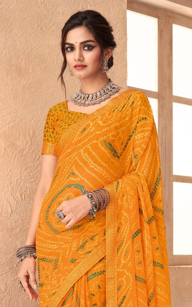 Graphic Print, Printed Bandhani Chiffon, Georgette Saree (Orange)