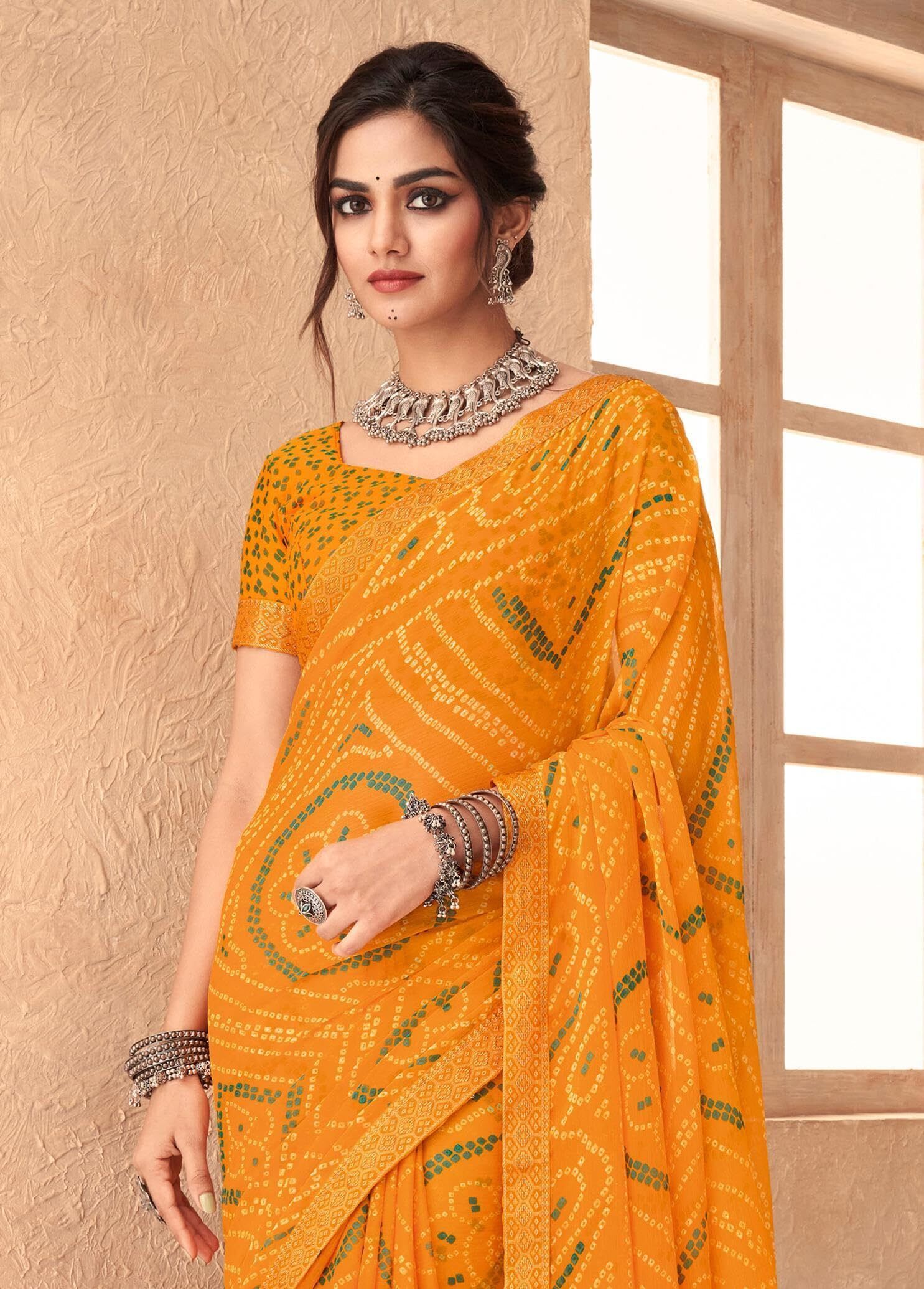 Bandhani Print Chiffon Georgette Saree with Attached Border (Yellow)
