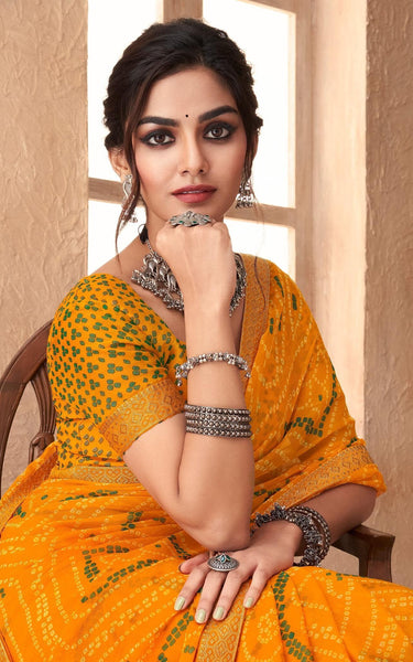 Graphic Print, Printed Bandhani Chiffon, Georgette Saree (Orange)