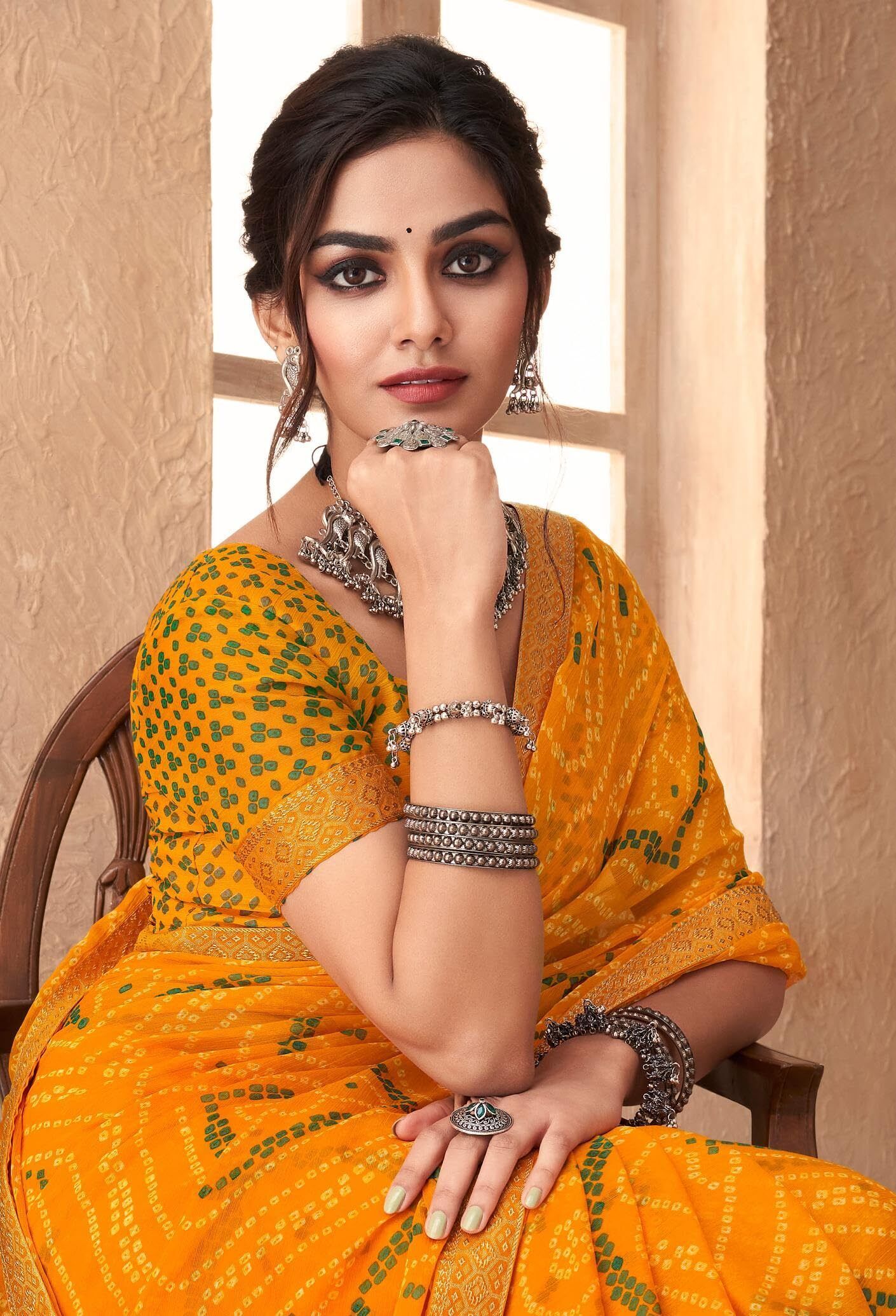 Bandhani Print Chiffon Georgette Saree with Attached Border (Yellow)
