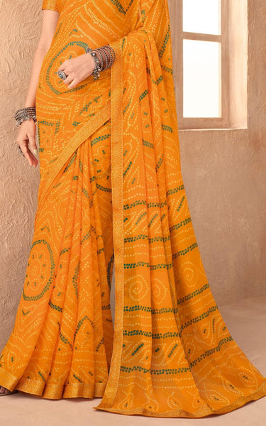 Graphic Print, Printed Bandhani Chiffon, Georgette Saree (Orange)
