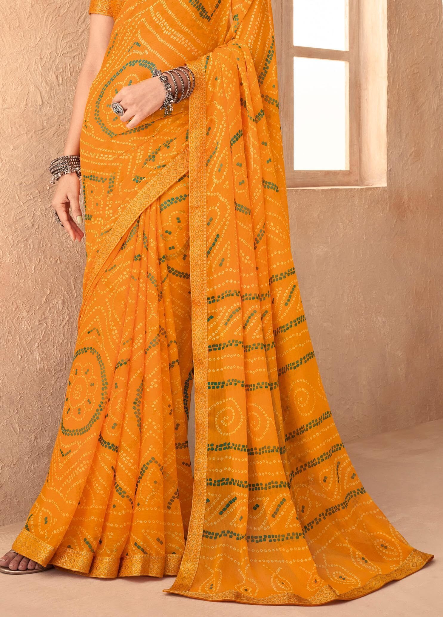 Bandhani Print Chiffon Georgette Saree with Attached Border (Yellow)