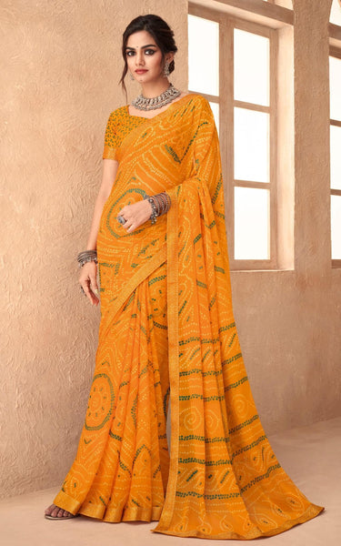 Graphic Print, Printed Bandhani Chiffon, Georgette Saree (Orange)