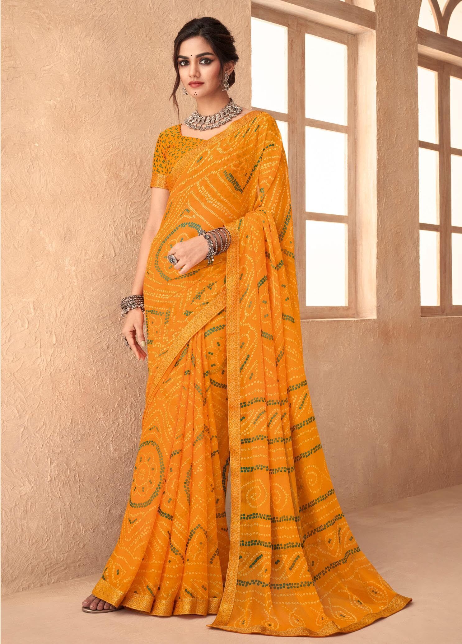Bandhani Print Chiffon Georgette Saree with Attached Border (Yellow)
