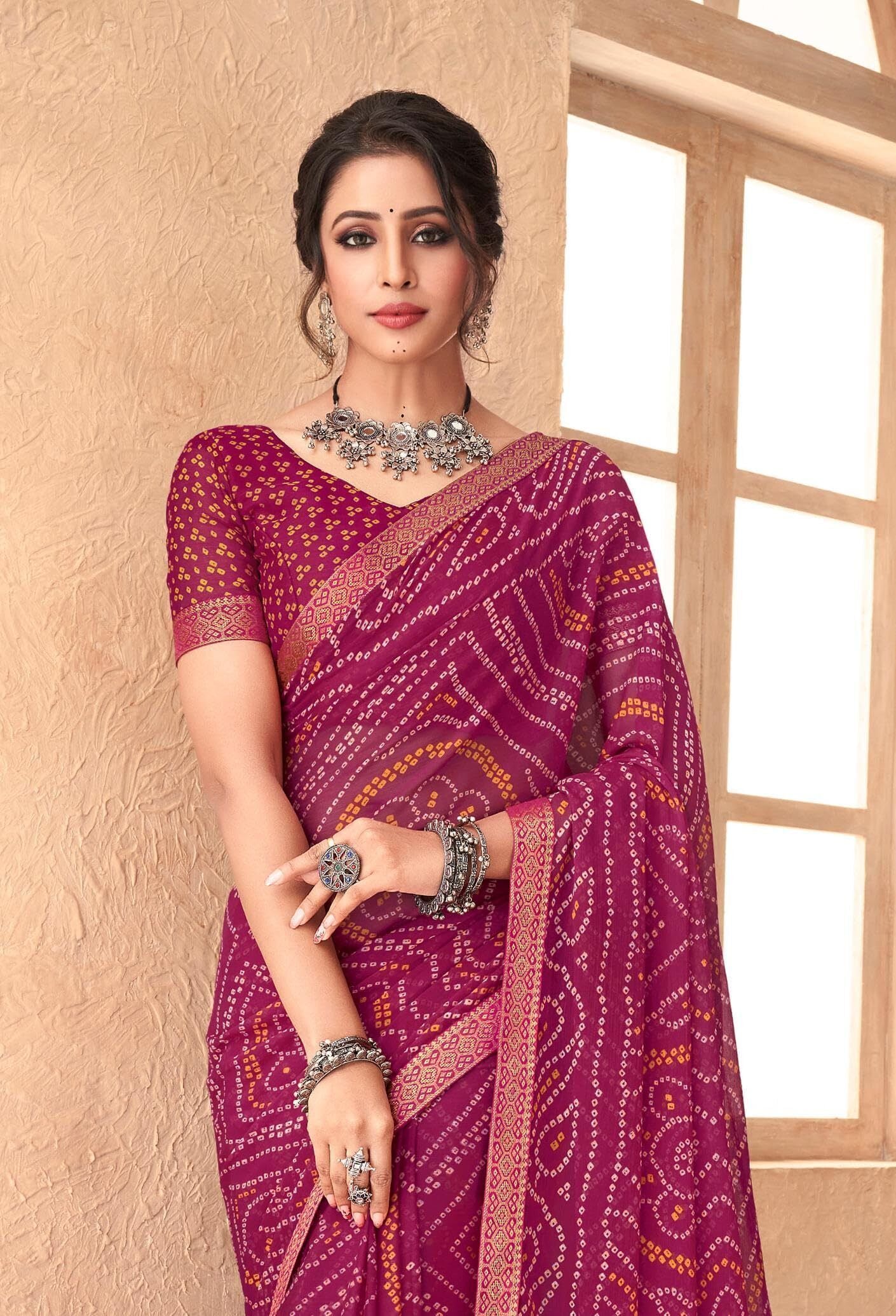 Bandhani Print Chiffon Georgette Saree with Attached Border (Rani Pink)