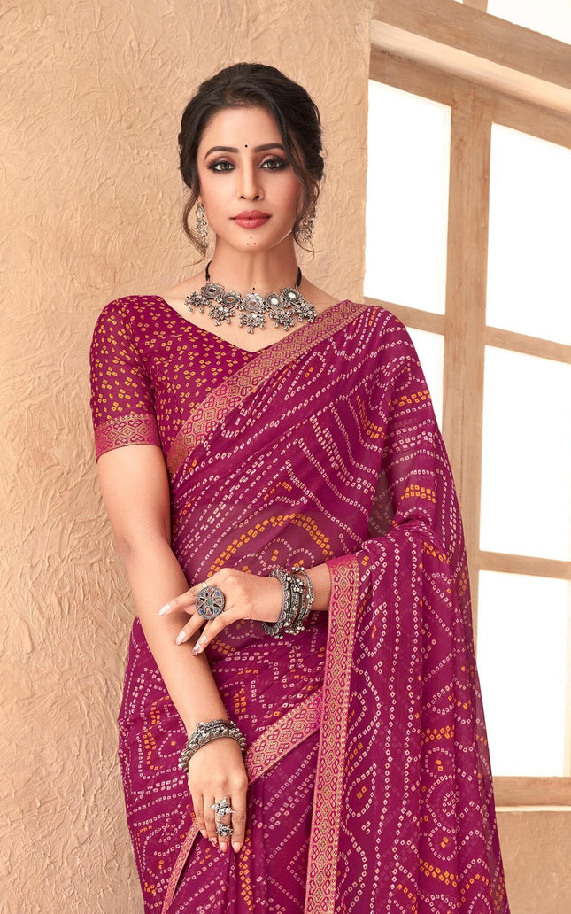 Graphic Print, Printed Bandhani Chiffon, Georgette Saree (Pink)