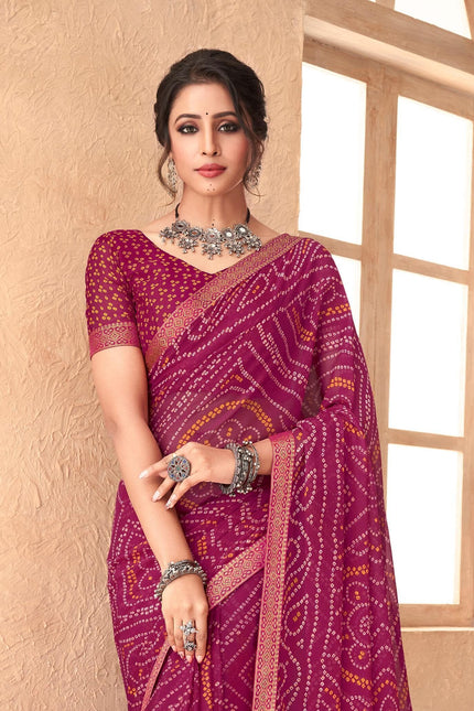 Graphic Print, Printed Bandhani Chiffon, Georgette Saree (Pink)