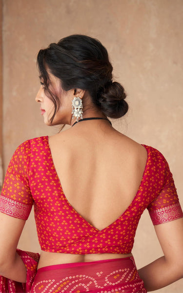Graphic Print, Printed Bandhani Chiffon, Georgette Saree (Pink - Red)