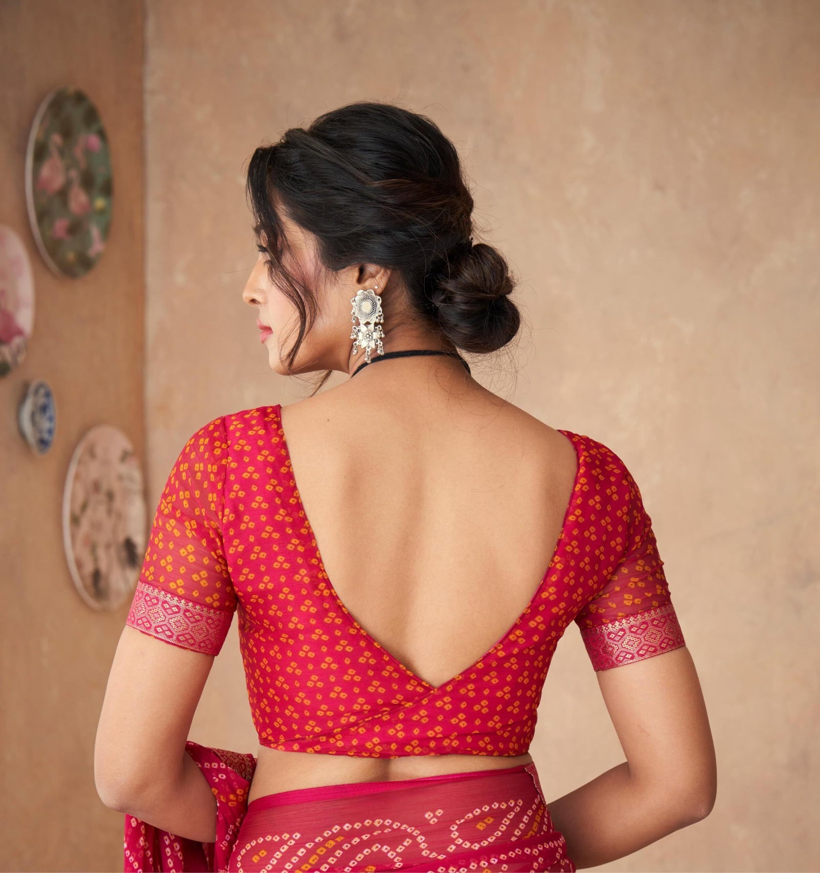 Bandhani Print Chiffon Georgette Saree with Attached Border (Rani Pink)