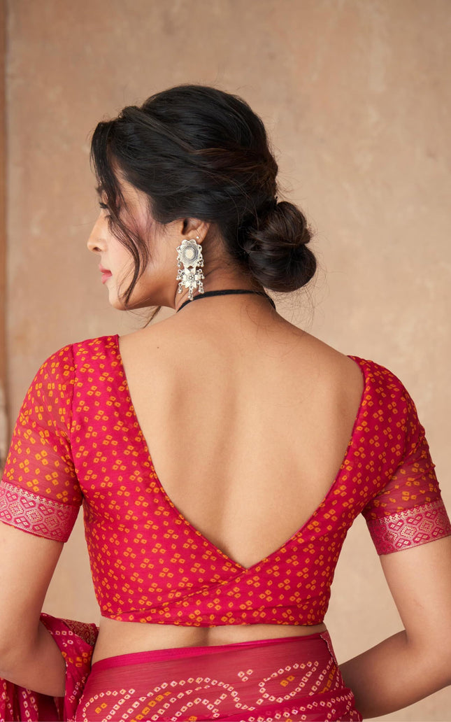Graphic Print, Printed Bandhani Chiffon, Georgette Saree (Pink)