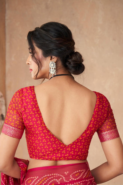 Graphic Print, Printed Bandhani Chiffon, Georgette Saree (Pink)