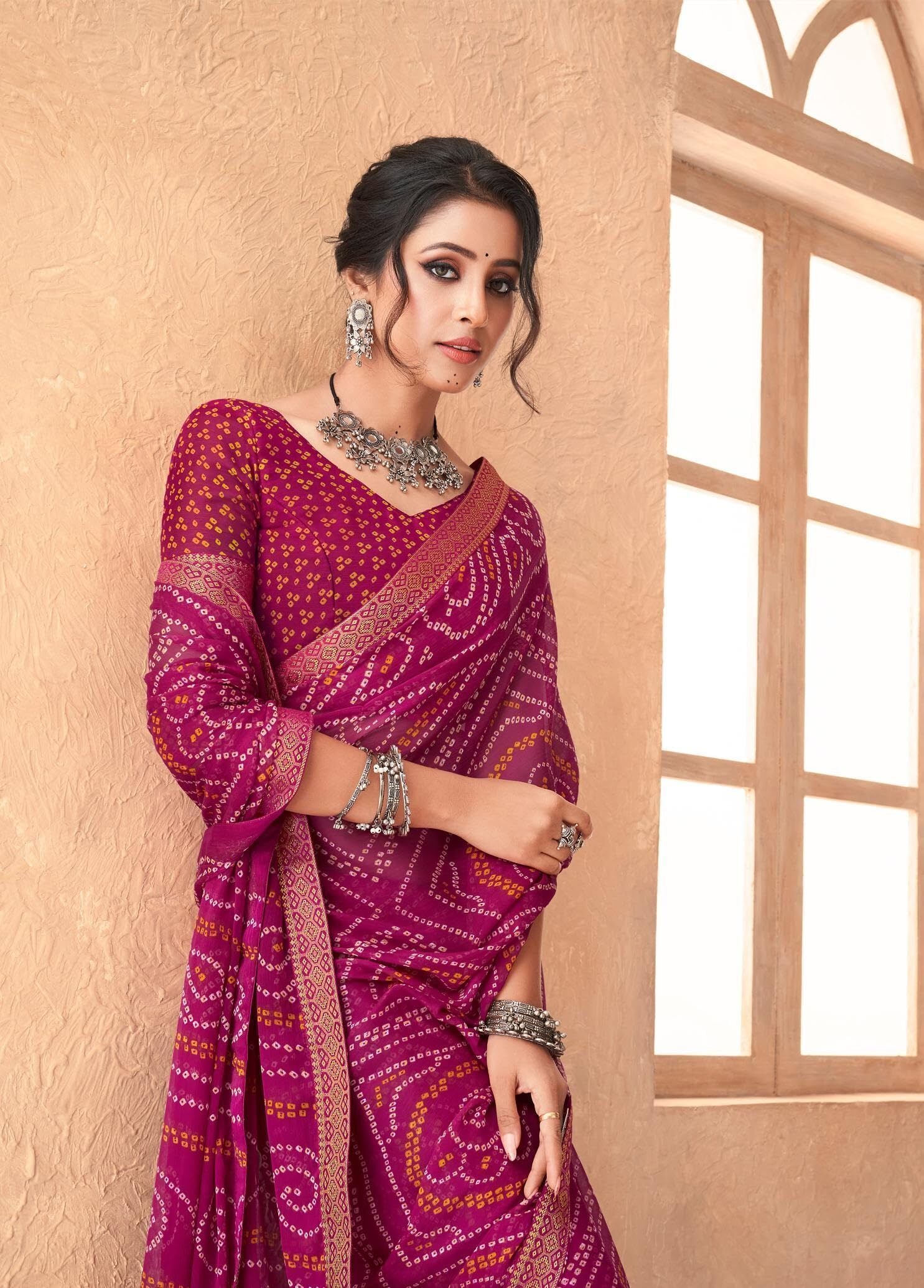 Bandhani Print Chiffon Georgette Saree with Attached Border (Rani Pink)