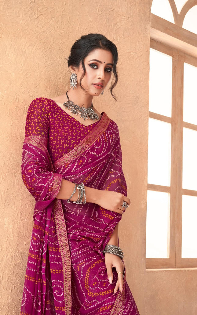 Graphic Print, Printed Bandhani Chiffon, Georgette Saree (Pink)