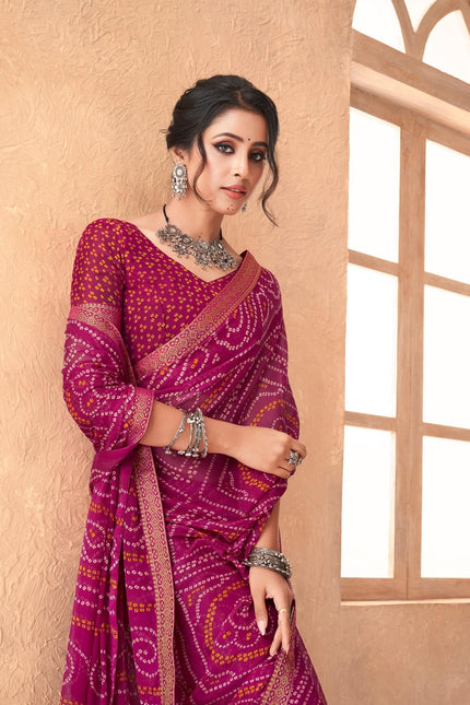 Graphic Print, Printed Bandhani Chiffon, Georgette Saree (Pink)