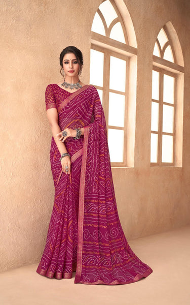Graphic Print, Printed Bandhani Chiffon, Georgette Saree (Pink - Red)