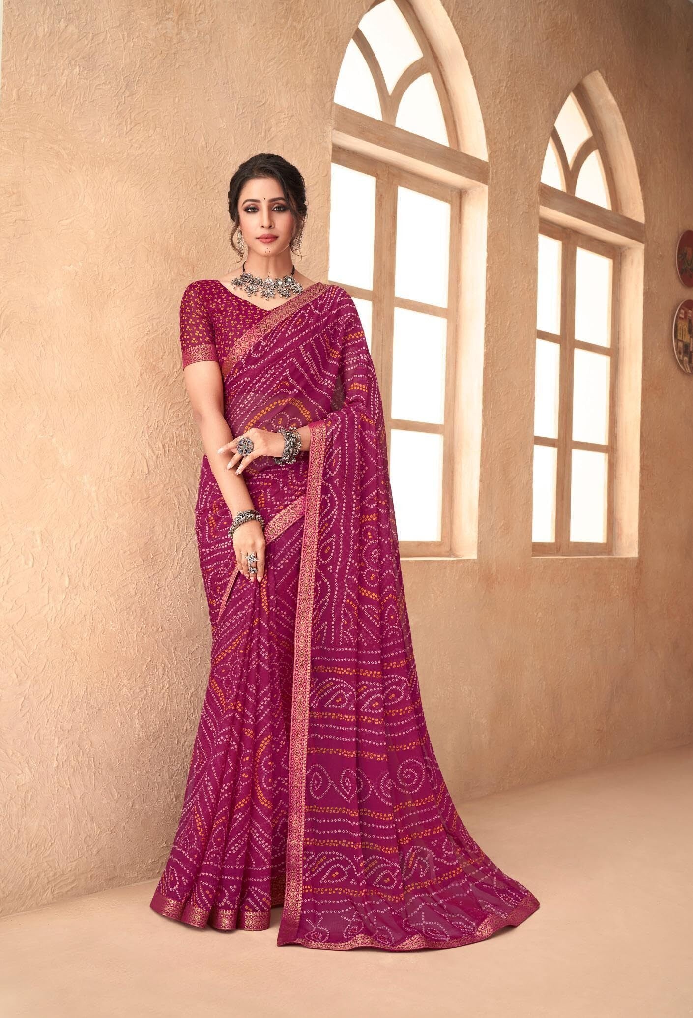 Bandhani Print Chiffon Georgette Saree with Attached Border (Rani Pink)