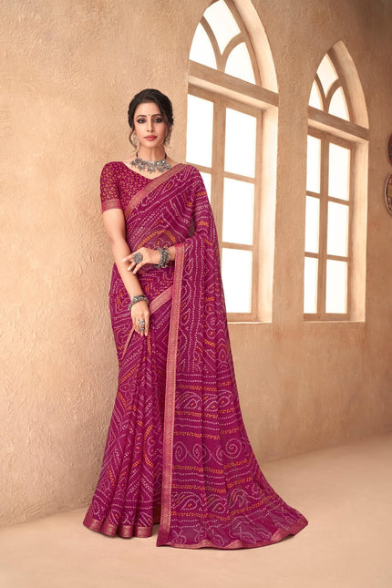 Graphic Print, Printed Bandhani Chiffon, Georgette Saree (Pink)
