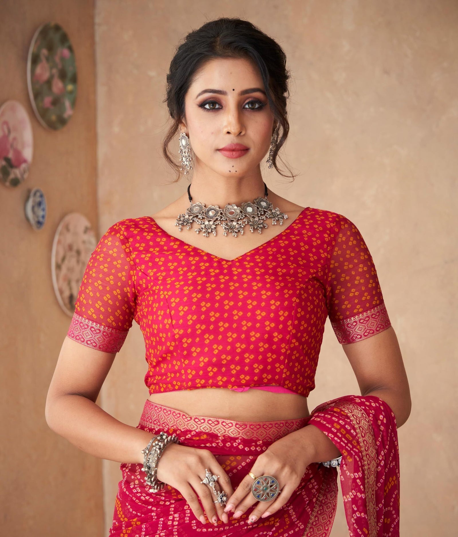 Bandhani Print Chiffon Georgette Saree with Attached Border (Rani Pink)