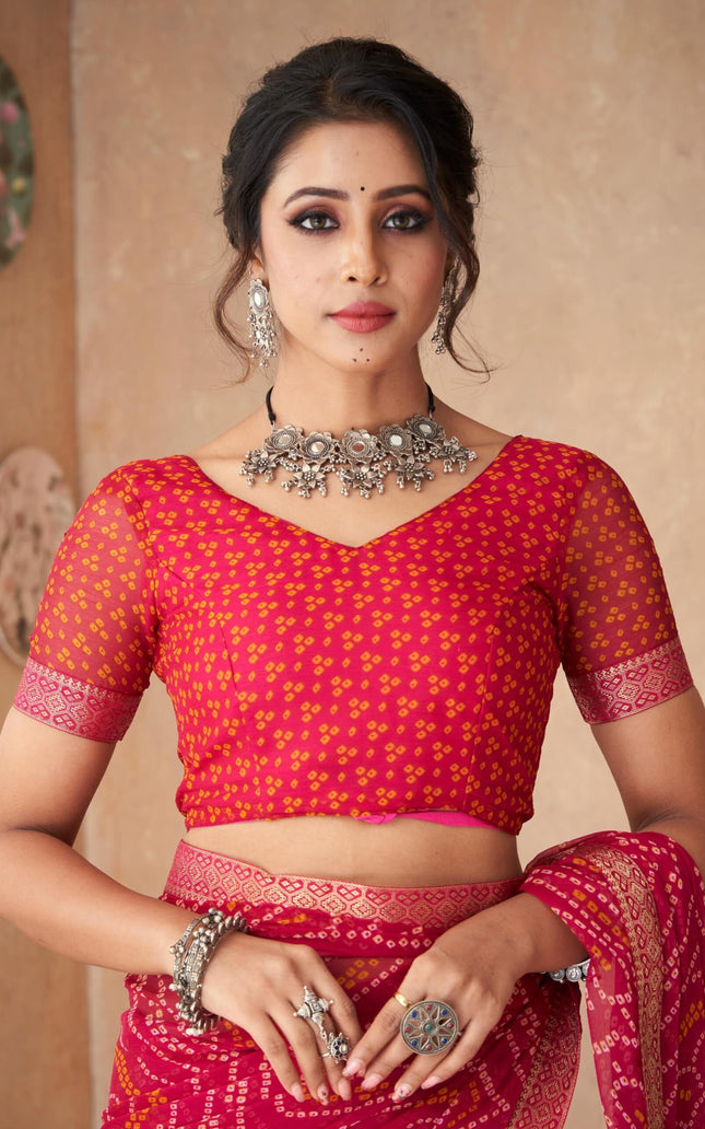 Graphic Print, Printed Bandhani Chiffon, Georgette Saree (Pink)