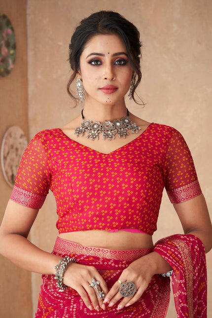 Graphic Print, Printed Bandhani Chiffon, Georgette Saree (Pink)