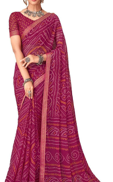 Graphic Print, Printed Bandhani Chiffon, Georgette Saree (Pink - Red)