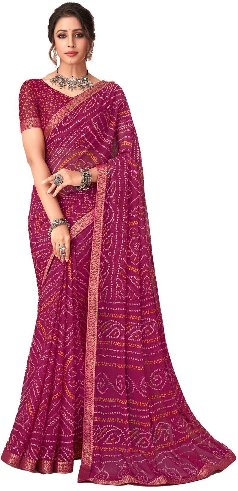 Bandhani Print Chiffon Georgette Saree with Attached Border (Rani Pink)