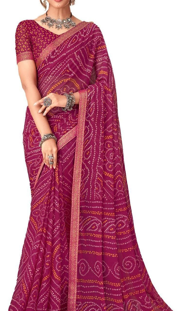 Graphic Print, Printed Bandhani Chiffon, Georgette Saree (Pink)