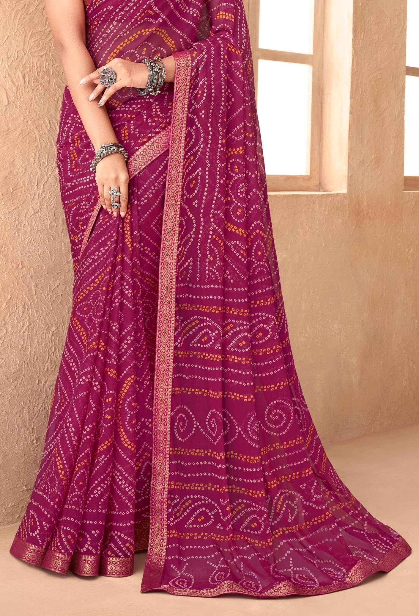 Bandhani Print Chiffon Georgette Saree with Attached Border (Rani Pink)