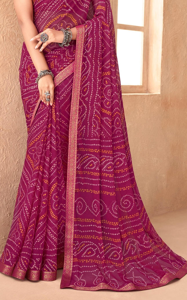 Graphic Print, Printed Bandhani Chiffon, Georgette Saree (Pink)