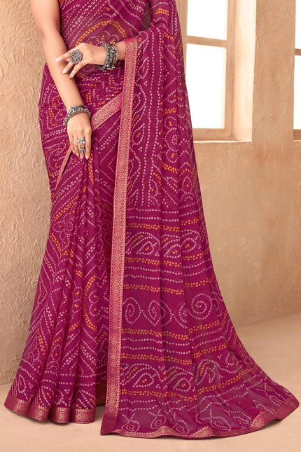 Graphic Print, Printed Bandhani Chiffon, Georgette Saree (Pink)