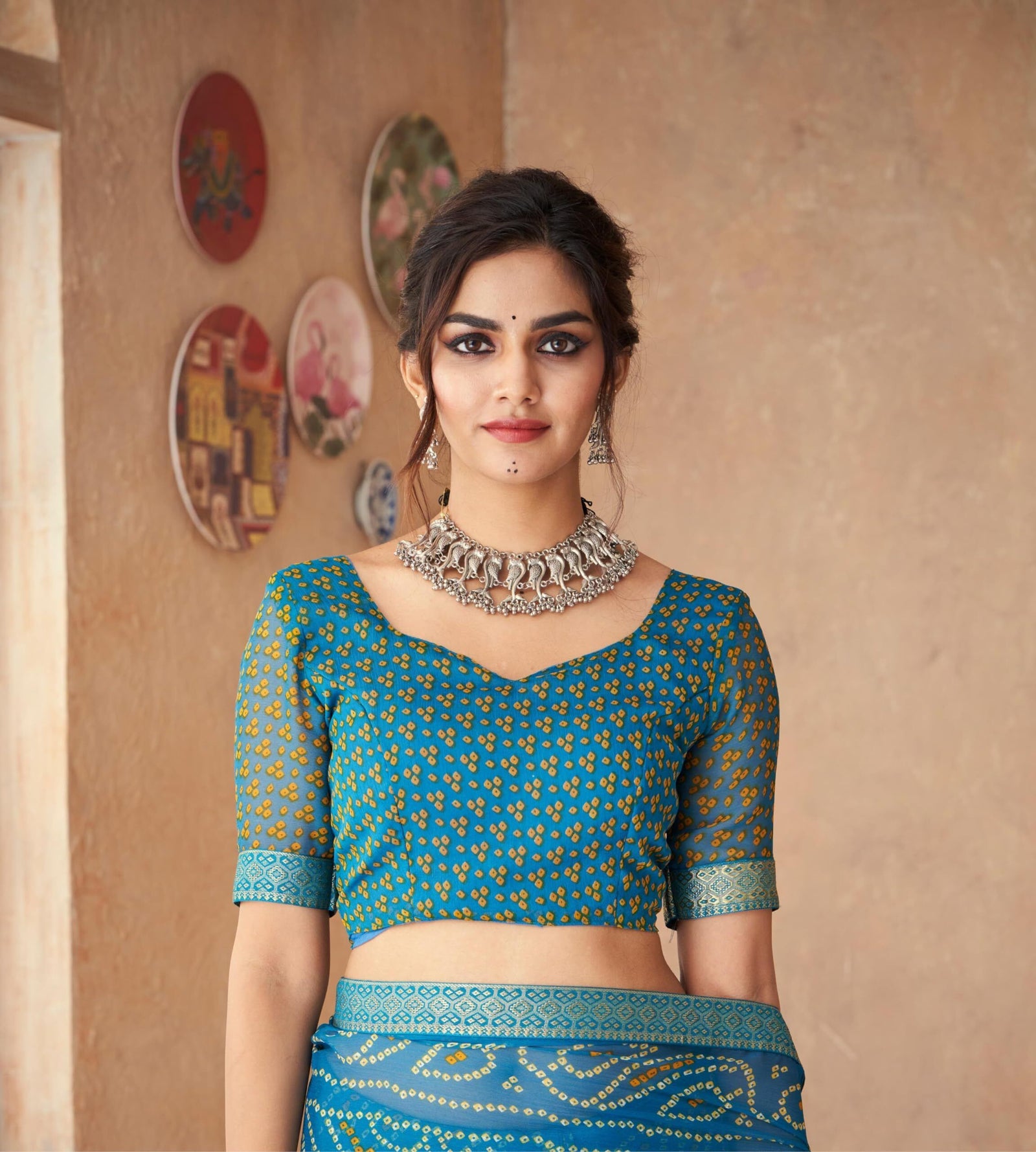 Bandhani Print Chiffon Georgette Saree with Attached Border (Blue)