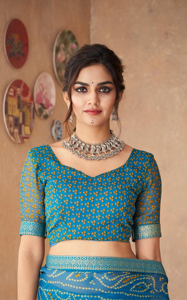 Graphic Print, Printed Bandhani Chiffon, Georgette Saree (Teal Blue)