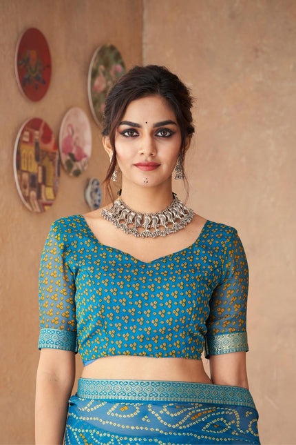 Graphic Print, Printed Bandhani Chiffon, Georgette Saree (Teal Blue)