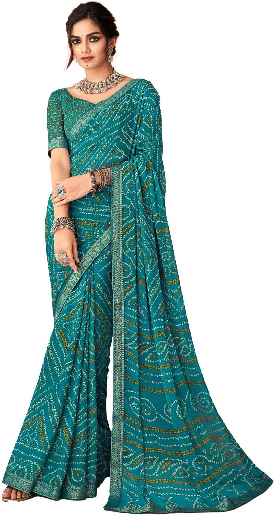 Bandhani Print Chiffon Georgette Saree with Attached Border (Blue)