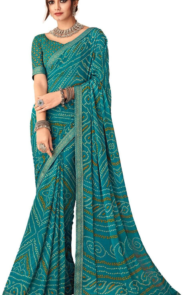Graphic Print, Printed Bandhani Chiffon, Georgette Saree (Teal Blue)